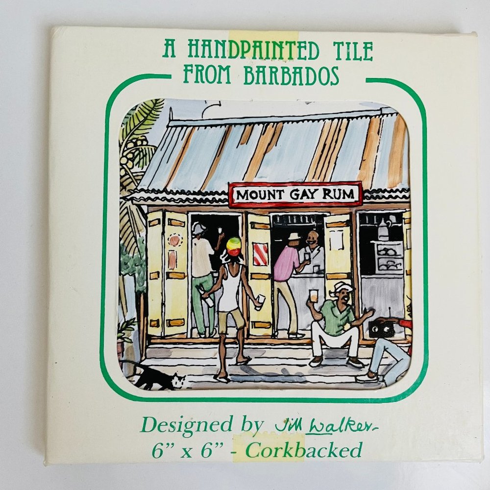 Vintage Jim Walker Handpainted Tile Barbados Rum Shop 6x6” Cork Back NEW